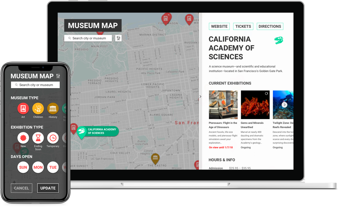 Preview of Museum Map web app and mobile version